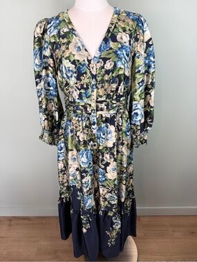 Melanie T Satin Elegant Floral V-Neck Midi Fit & Flare button-up Dress Sz 12